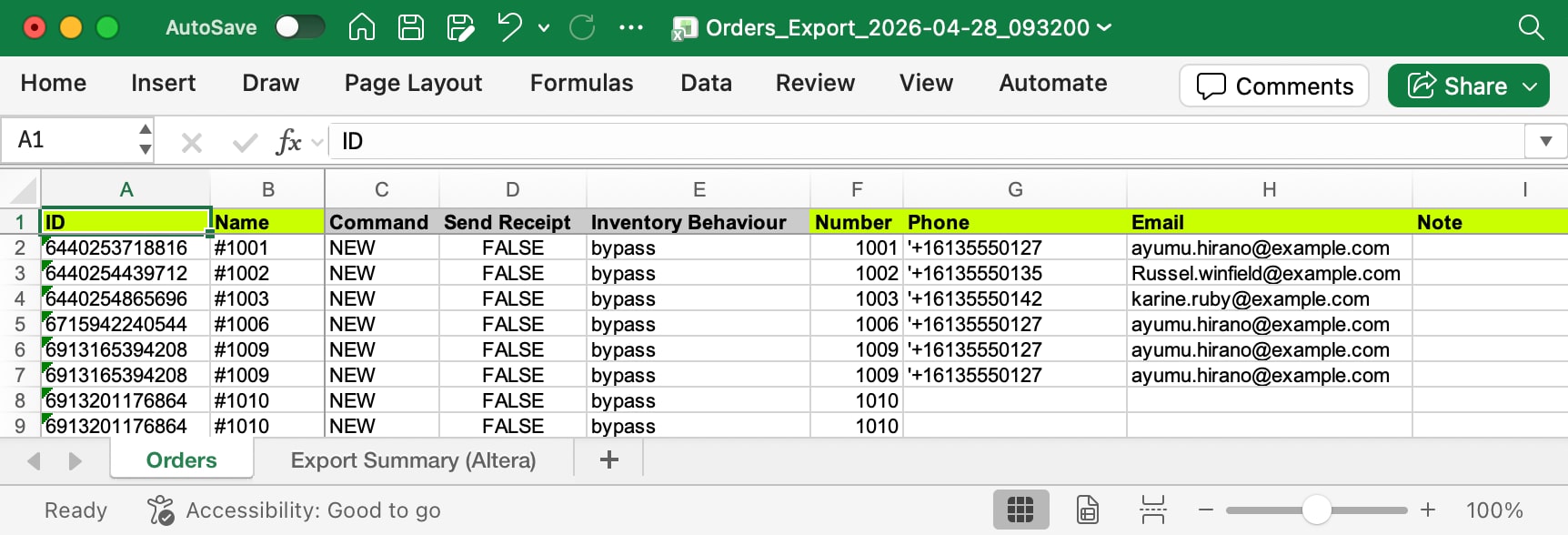 Sample orders CSV with two orders in Google Sheets