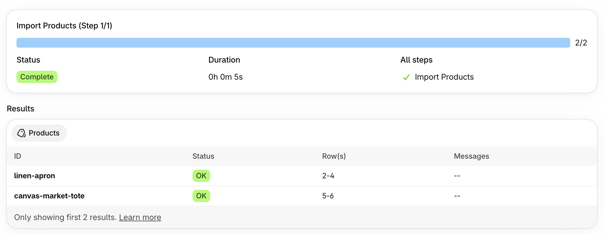 Completed import job: linen-apron from rows 2 to 4 and canvas-market-tote from rows 5 to 6, both with status OK