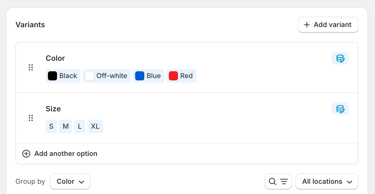 The Variants section of a Shopify product, with Color and Size options linked to metaobjects shown as swatches