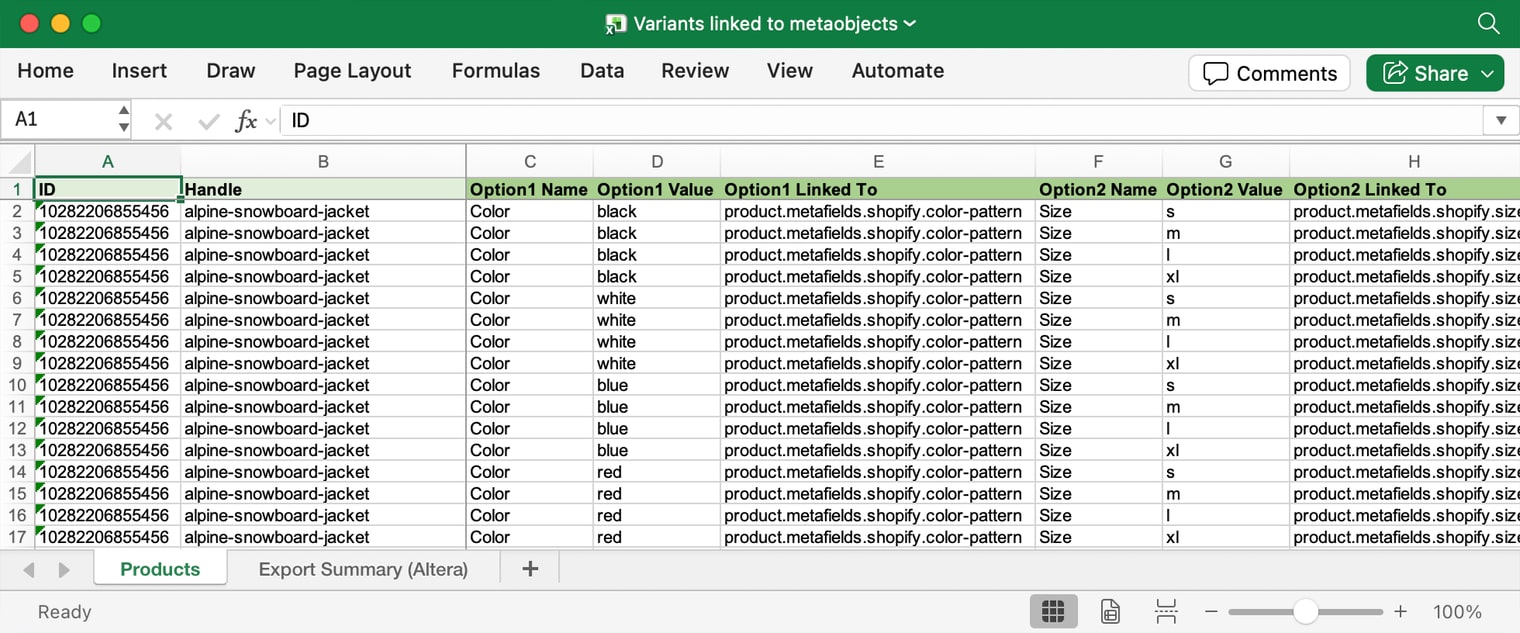 A product export open in a spreadsheet with the Option1 Value and Option1 Linked To columns filled in