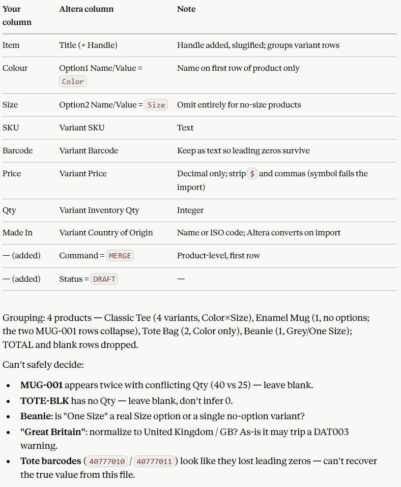 Claude's proposed column mapping table and the list of rows it won't decide on its own