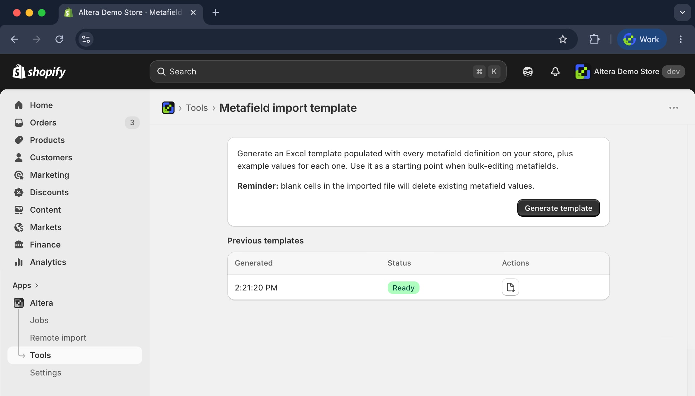 Altera's Metafield import template tool in the Shopify admin, with a Generate template button