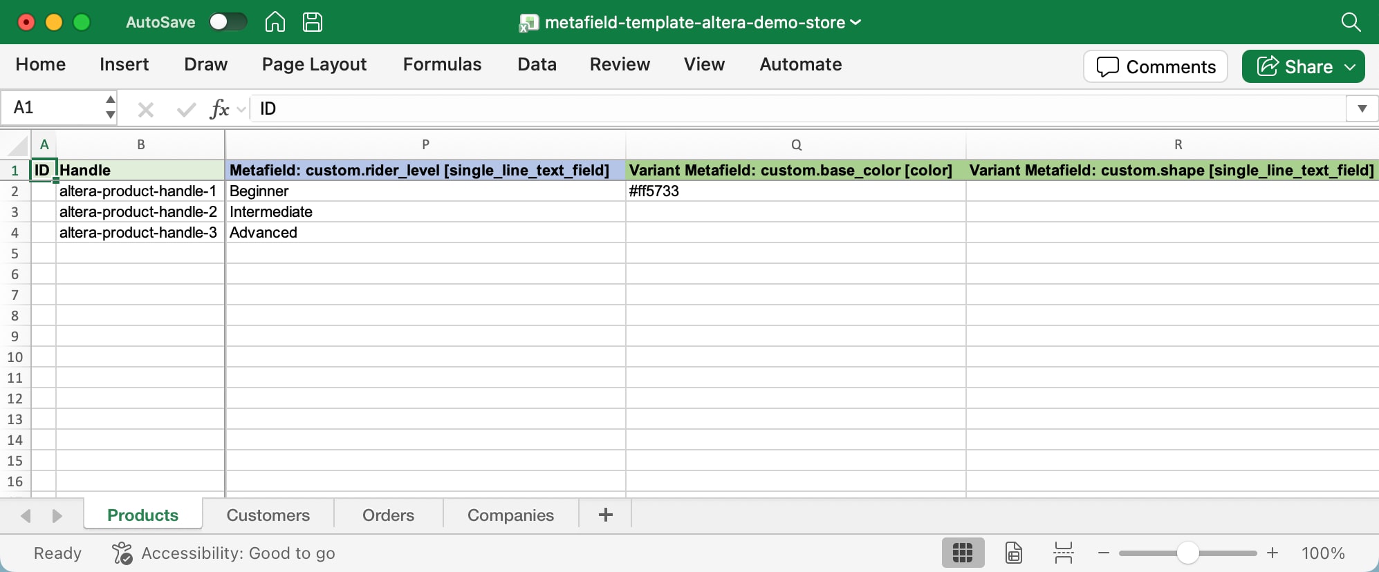 The generated Excel template open on the Products tab, with metafield columns and example values