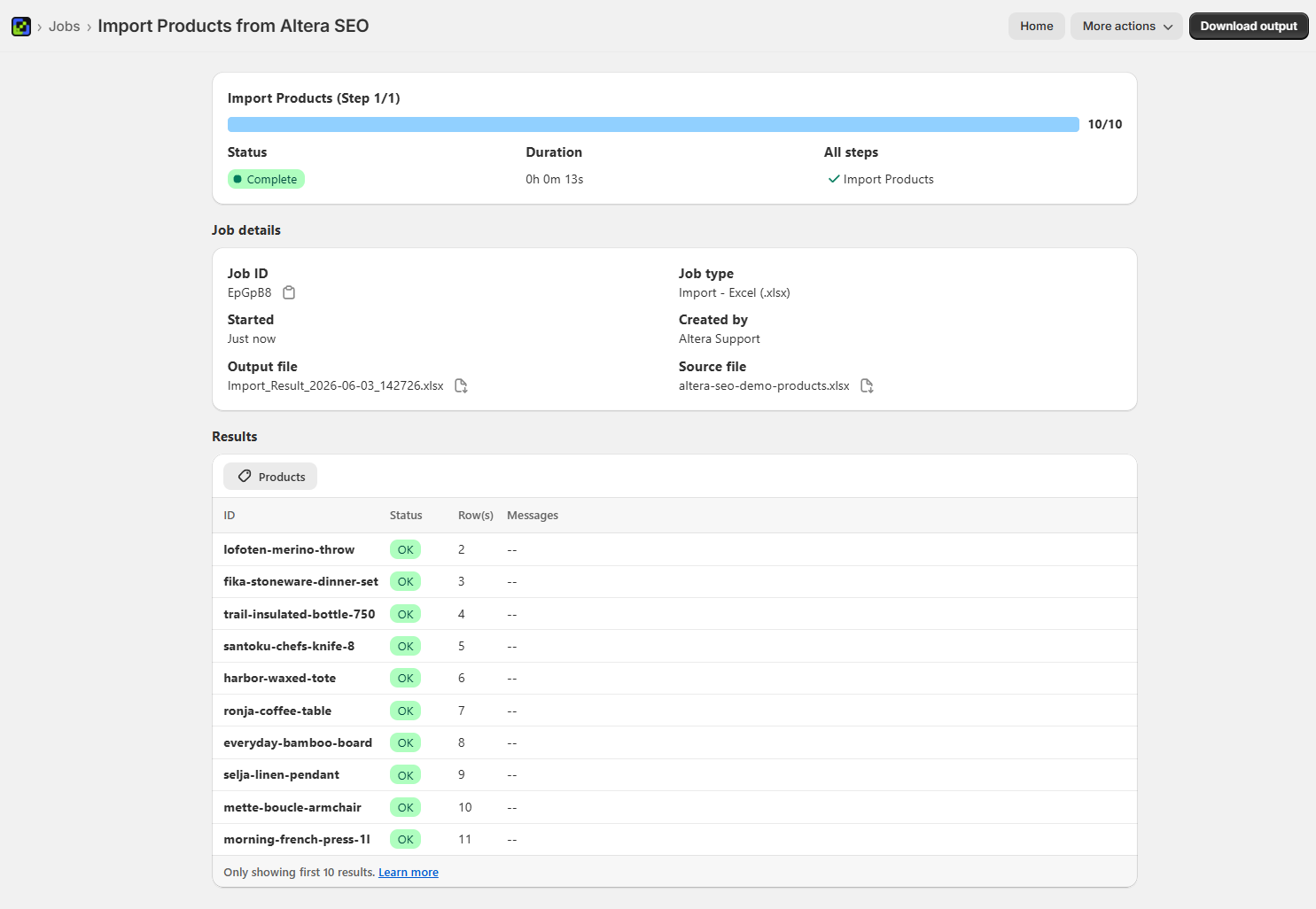 The ten sample products imported into Altera, all showing OK status