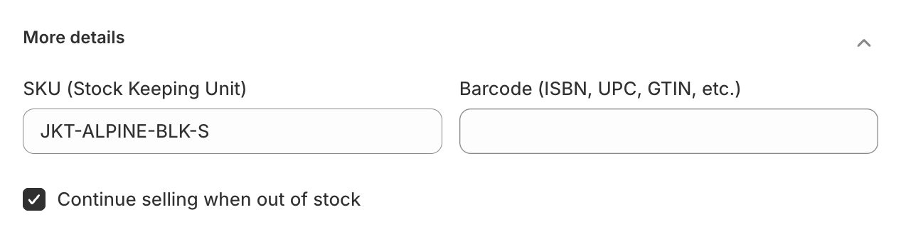 Shopify admin &ldquo;Continue selling when out of stock&rdquo; checkbox