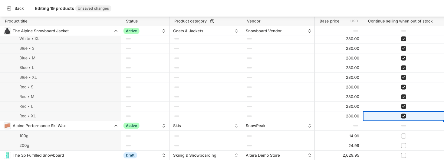Shopify bulk editor with the Continue selling when out of stock column