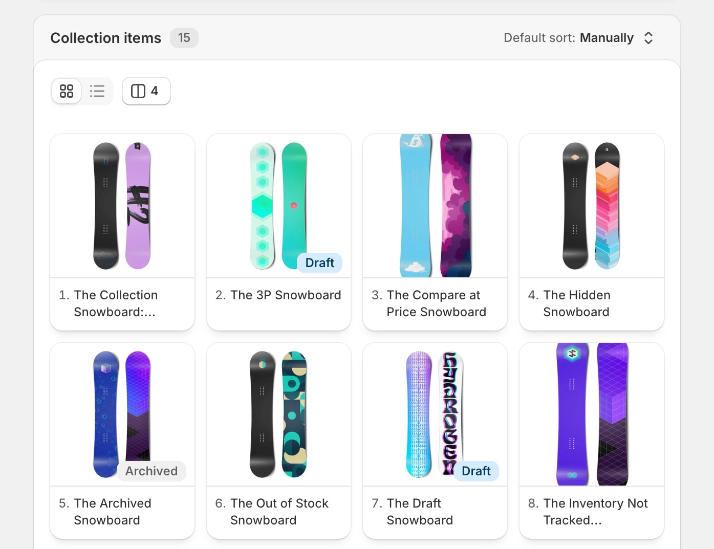 The collection items preview in the Shopify collection editor, showing products as a grid of thumbnails sorted manually