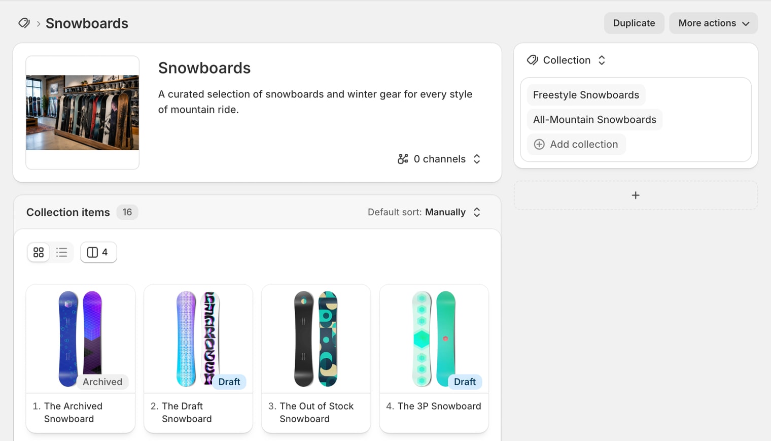 A Collection source in the Shopify collection editor pulling from the Freestyle Snowboards and All-Mountain Snowboards collections