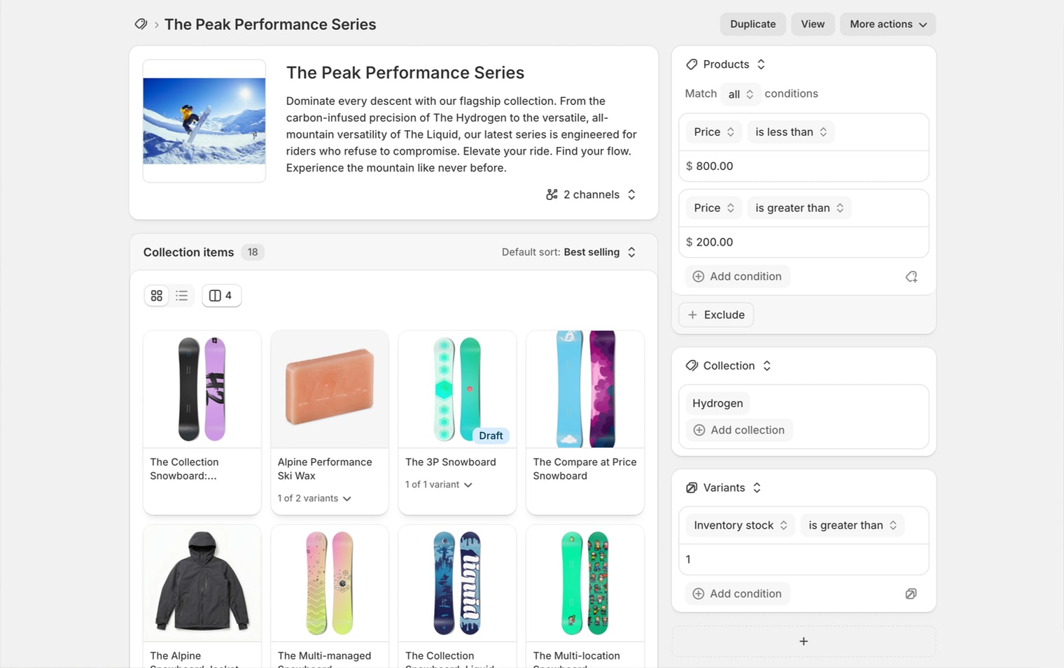 A Shopify collection built from three sources: a Products source with price conditions, a Collection source, and a Variants source with an inventory stock condition