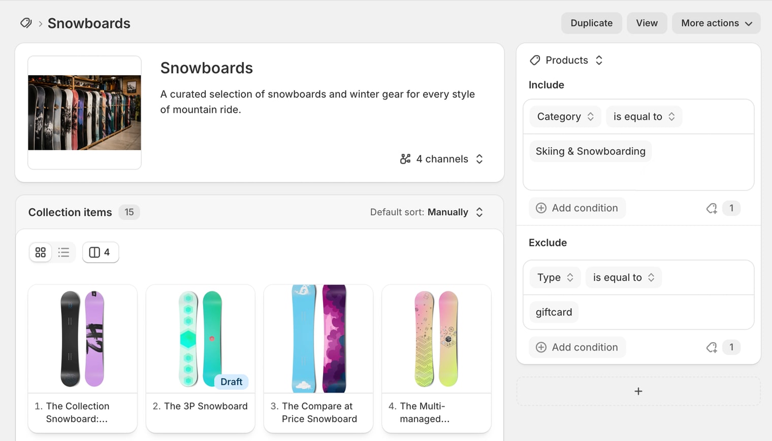 A Products source in the Shopify collection editor including the Skiing and Snowboarding category and excluding the giftcard product type
