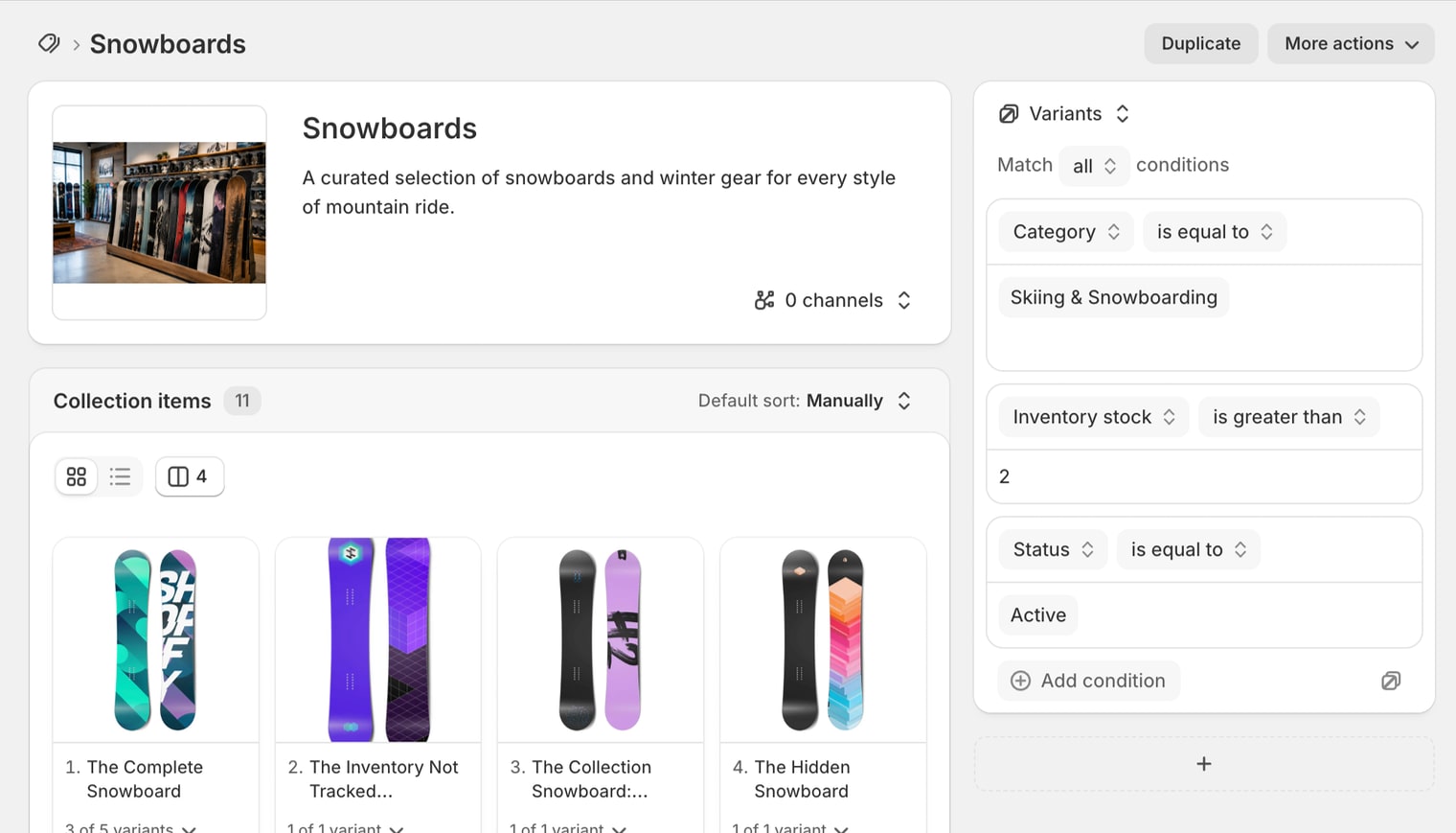 A Variants source in the Shopify collection editor matching all conditions: category, inventory stock greater than 2, and active status