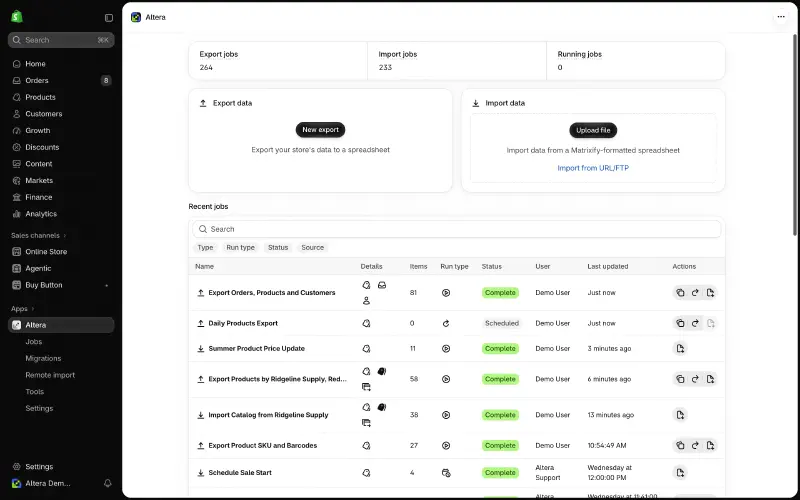The Altera home page in the Shopify admin, with New export, Upload file, and the recent jobs list
