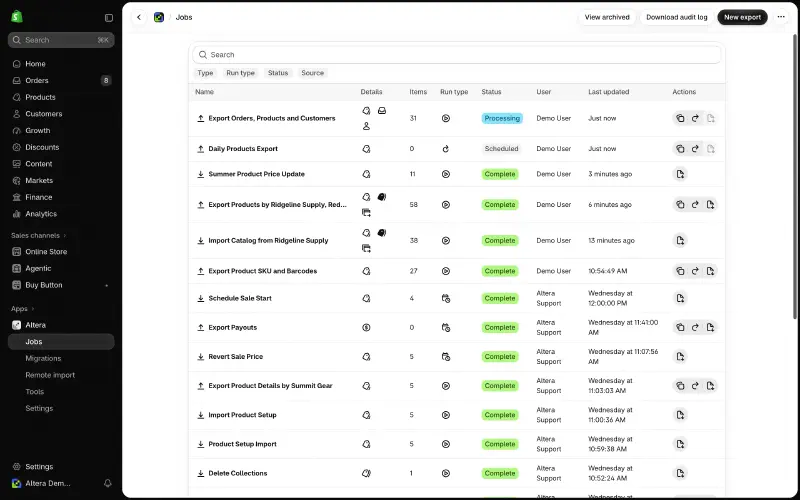 The Jobs page listing processing, scheduled, and completed imports and exports, with the user who started each one
