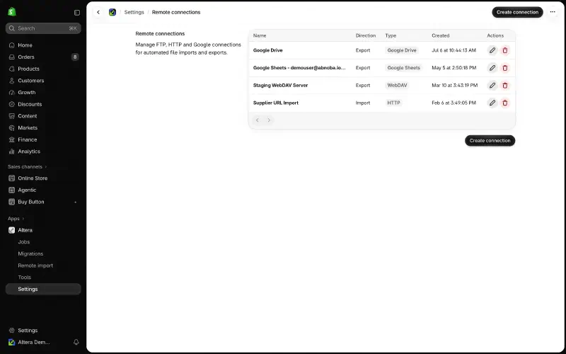 The Remote connections settings page listing Google Drive, Google Sheets, WebDAV, and HTTP connections