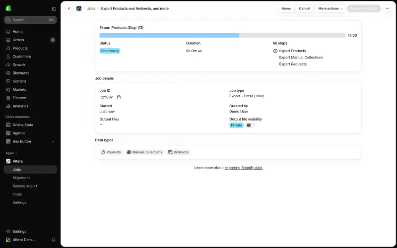An export job in progress, showing step 1 of 3, a progress bar at 17 of 30 items, and the duration