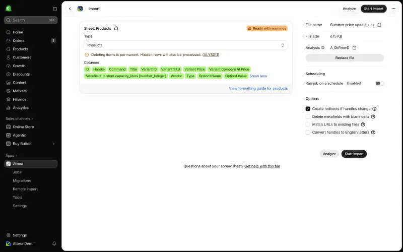 The import preview, showing the detected Products type, the mapped columns, and a warning about deleting items