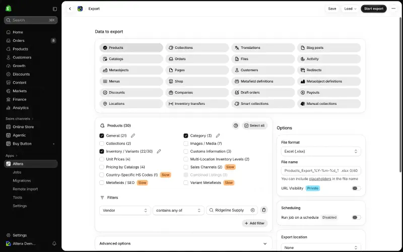 The export page with Products selected, 22 of 30 variant fields chosen, and a Vendor filter applied