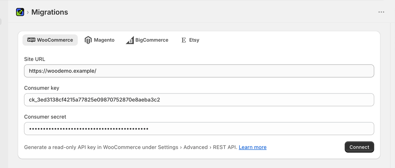 The Altera Migrations screen with the WooCommerce tab selected, showing the Site URL, Consumer key, and Consumer secret fields and a Connect button