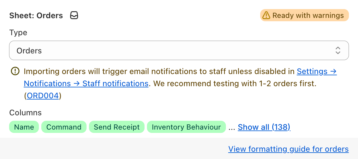 The Altera import warnings screen for the Orders sheet, warning that importing orders triggers staff email notifications unless disabled