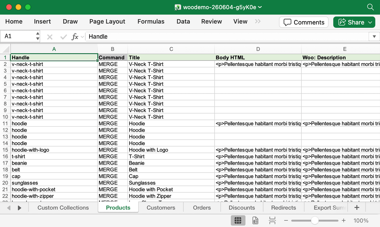 The generated migration spreadsheet open in a spreadsheet editor, showing the tabs for custom collections, products, customers, orders, discounts, and redirects