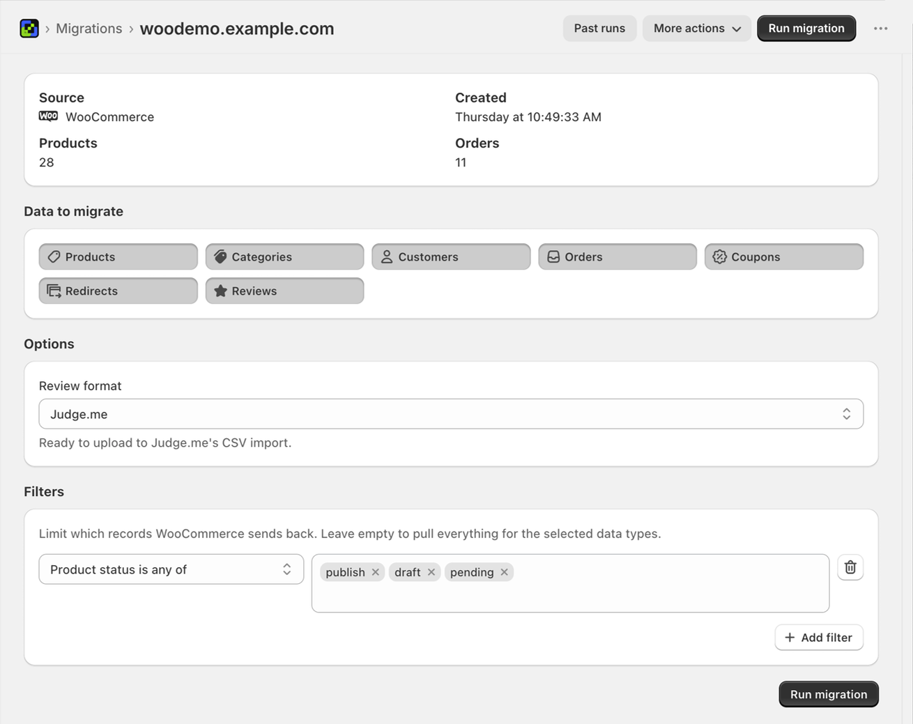 The Altera migration screen showing the connected store's product and order counts, the data types to migrate, the review format set to Judge.me, and a product status filter