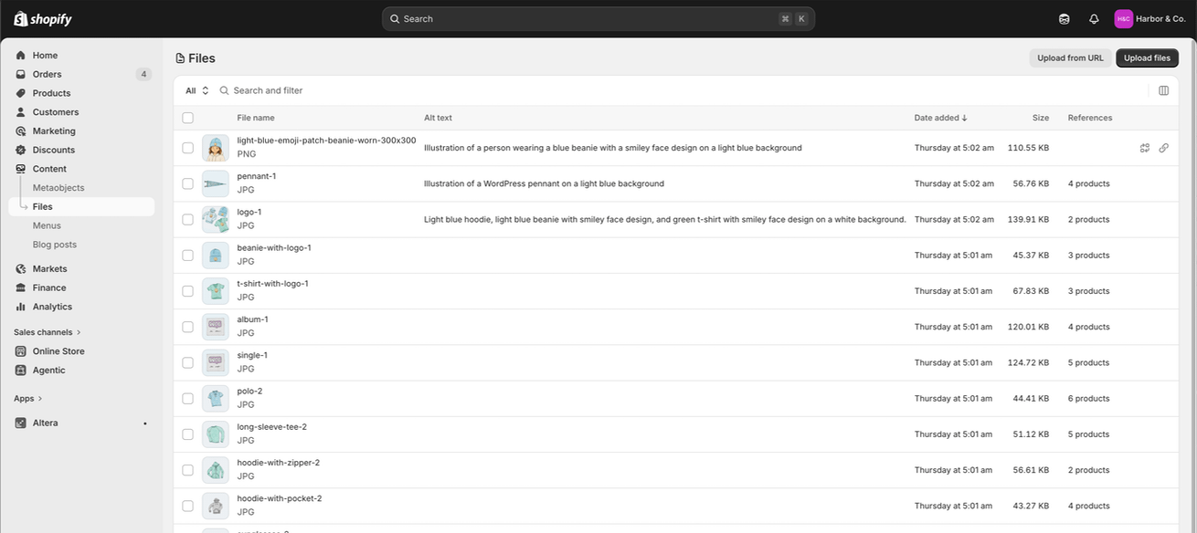 The Shopify Content Files screen with the description images from the migration ZIP uploaded