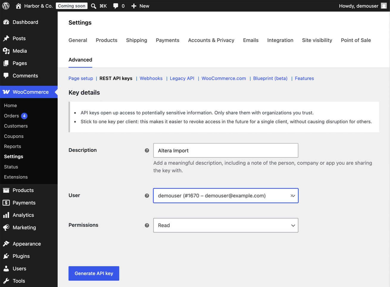 The WooCommerce REST API key creation screen with a description filled in and permissions set to Read